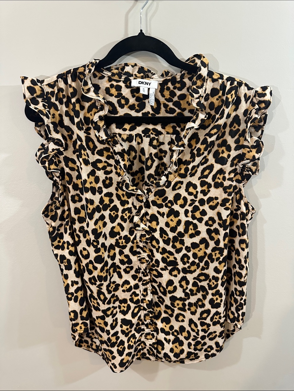 DKNY Leopard Ruffle Sleeveless Blouse - Tan and Black, XL